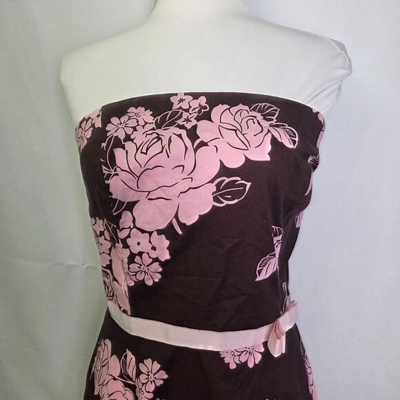 Y2K Strapless Floral Dress Pink Brown Bow Detail Size 9 - Picture 3 of 7